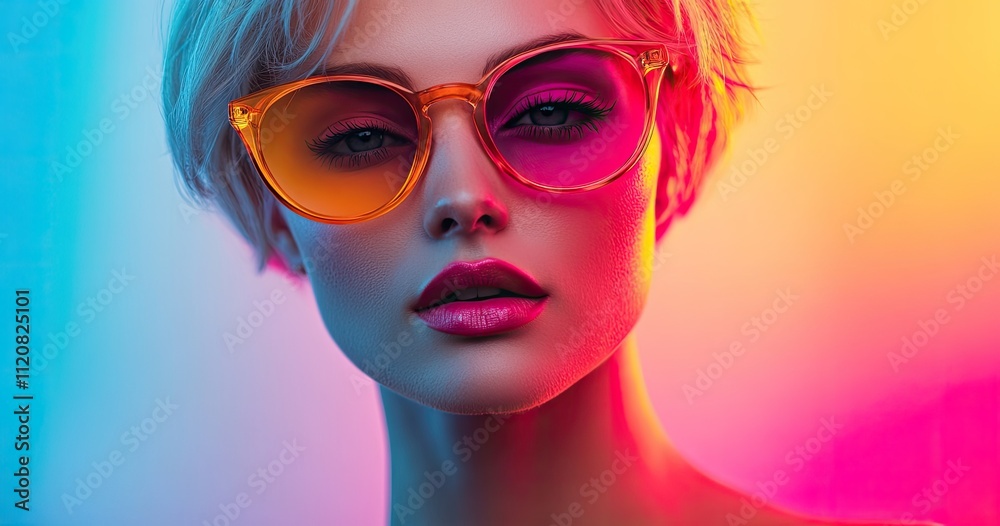 A fashion model with blonde hair and colorful sunglasses poses for an advertisement, against a vibrant gradient background A fashion model with blonde hair and colorful sunglasses poses for an advertisement, against a vibrant gradient background