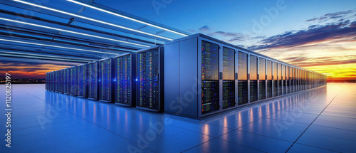 High resolution photograph of modern data center with server racks, showcasing advanced technology and vibrant sunset lighting