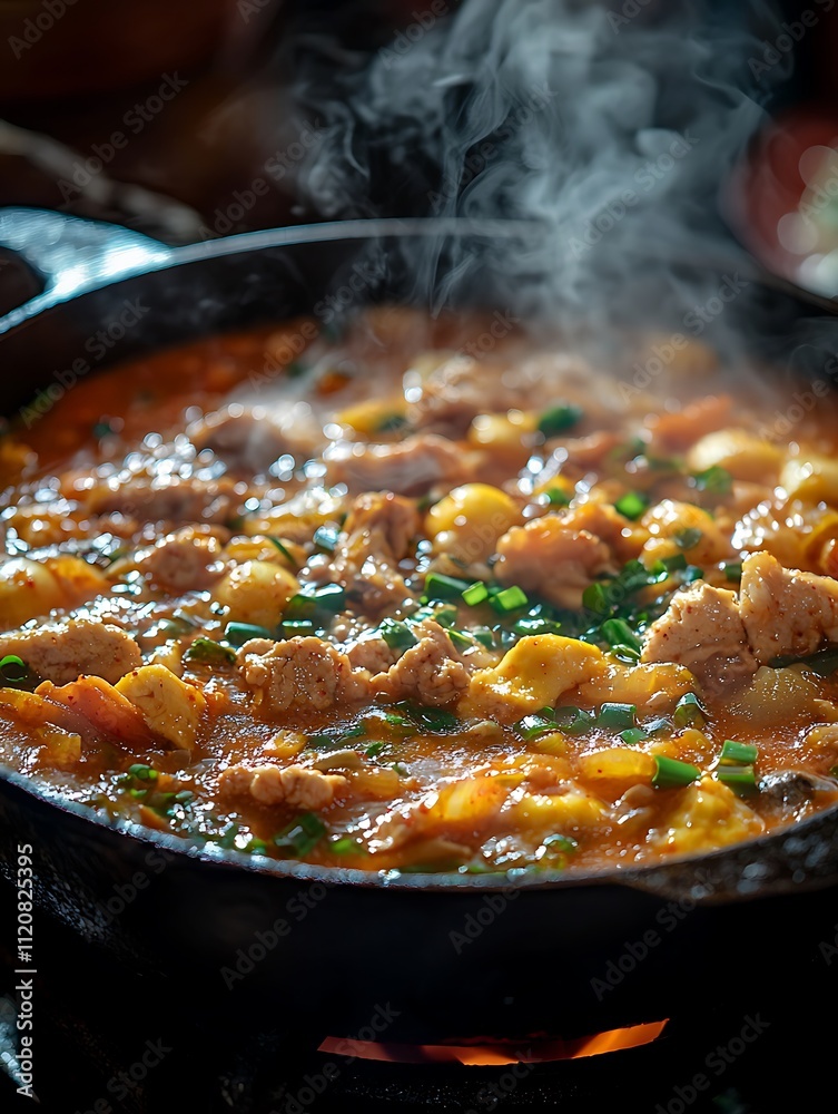 Steaming Hot Pot of Spicy Asian Cuisine with Chicken and Vegetables.