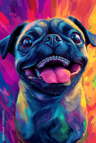 Colorful pug portrait radiating joy and energy.