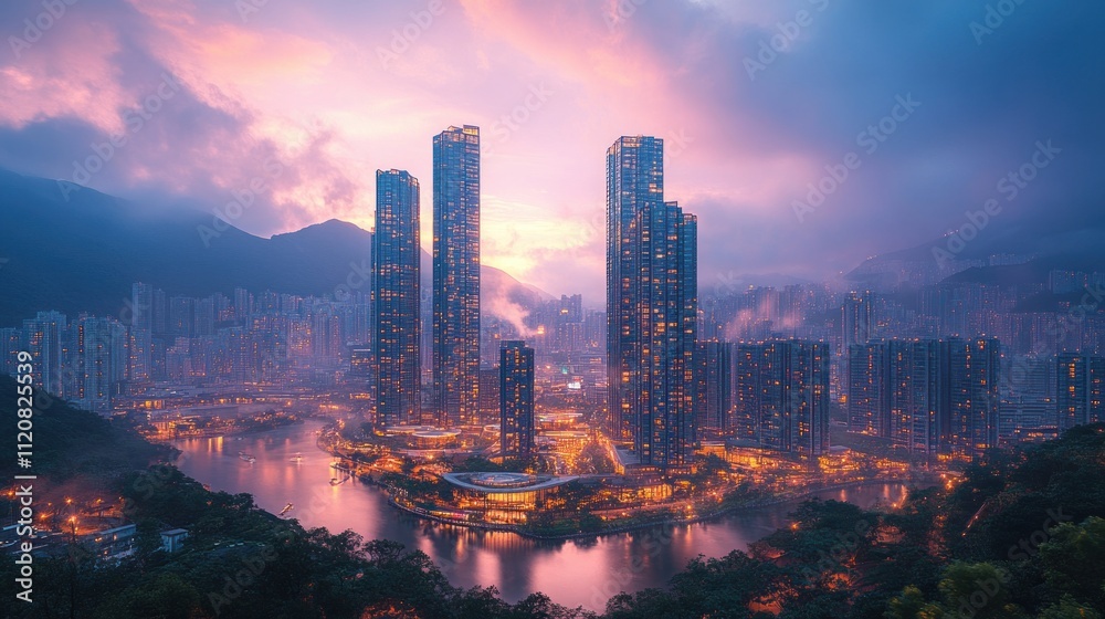 Obraz premium Minimalist urban architecture showcasing sleek reflective skyscrapers in modern design emphasizing vertical lines and geometric symmetry