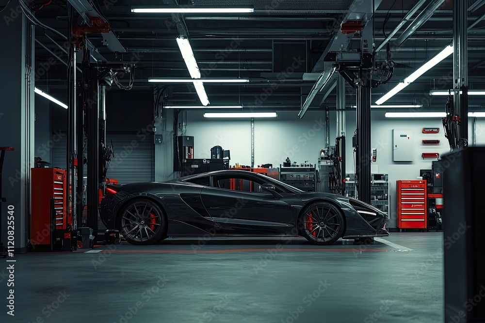 Fototapeta premium Car repair shop interior with cars on car lifts and modern lighting, in a gray color scheme. Modern automotive workshop background