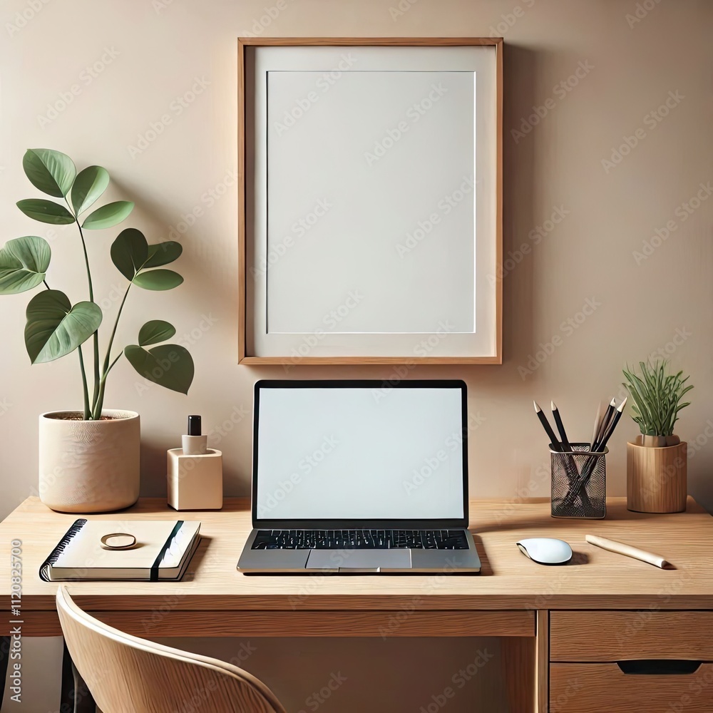 A minimalist wooden desk with a neatly arranged laptop, notebook, and a potted plant, set against a soft neutral-colored background, emphasizing the clean and modern workspace aesthetic. A minimalist wooden desk with a neatly arranged laptop, notebook, and a potted plant, set against a soft neutral-colored background, emphasizing the clean and modern workspace aesthetic.