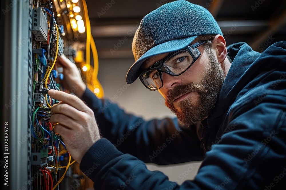 Electrician Working on Complex Wiring in Switchboard with Electrical Cable and Tools