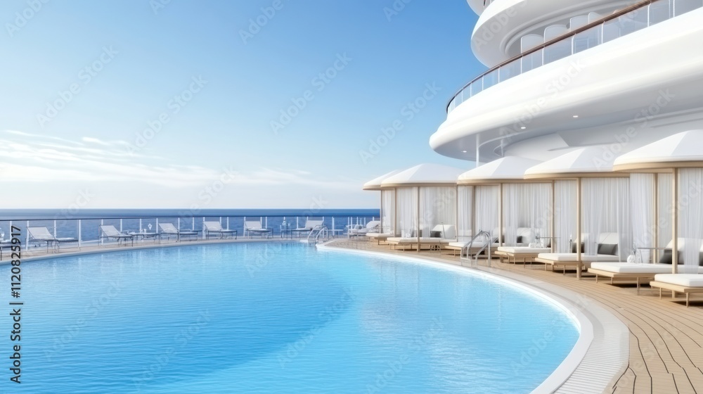 Modern poolside area with lounge chairs and ocean view. Modern poolside area with lounge chairs and ocean view.