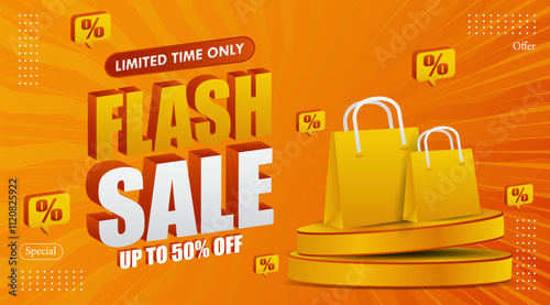 Flash sale banner on orange background. Vector illustration for shopping day promotion, online shopping, special Offer coupon, voucher, banner template, website, social media advertising.