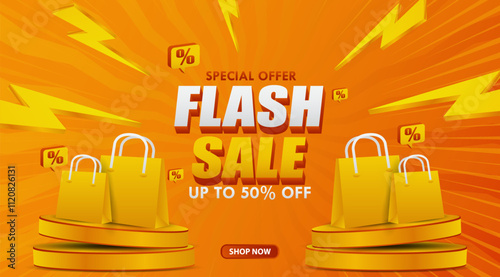 Flash sale banner on orange background. Vector illustration for shopping day promotion, online shopping, special Offer coupon, voucher, banner template, website, social media advertising.