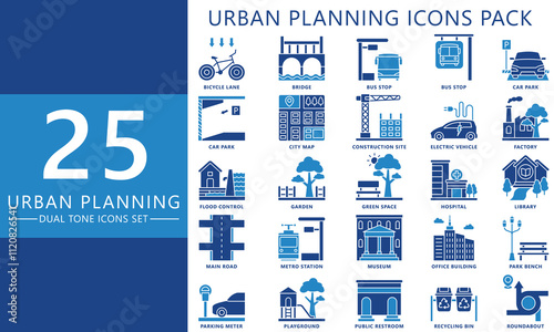 Urban planning dual tone icons set. contain bike, building, garden, bridge, office, residential, transport and more. Vector EPS 10 for print, UI, UX kit, web, app, construction, environment, industry.