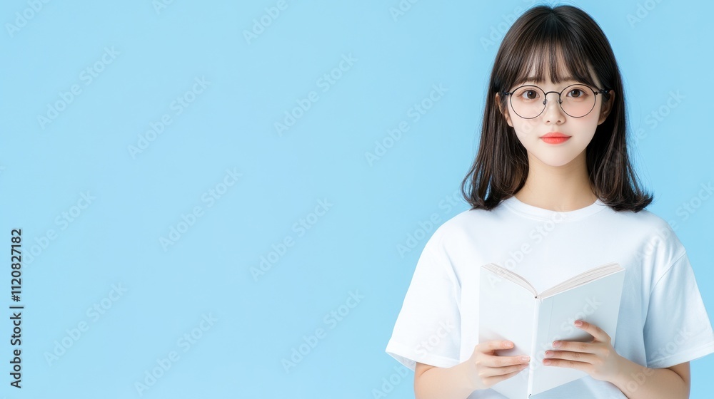 Young person reading a book against a blue background. Young person reading a book against a blue background.