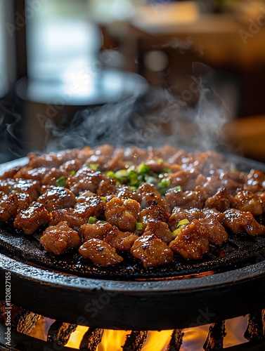 Close-up of sizzling Korean BBQ bulgogi grilling on a hot stone plate over an open flame. photo