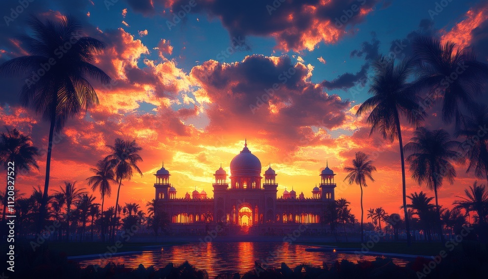 Obraz premium Majestic Mysore Palace Silhouette Against Vibrant Sunset Watercolor Illustration