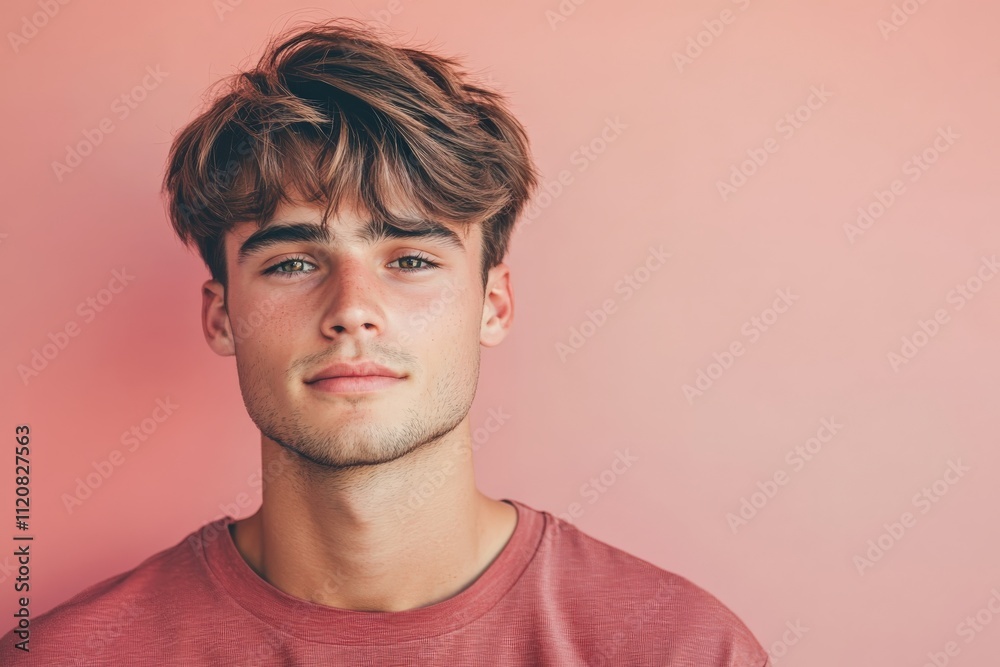 Portrait of a Young Man with Stylish Hair Against a Soft Pink Background Portrait of a Young Man with Stylish Hair Against a Soft Pink Background