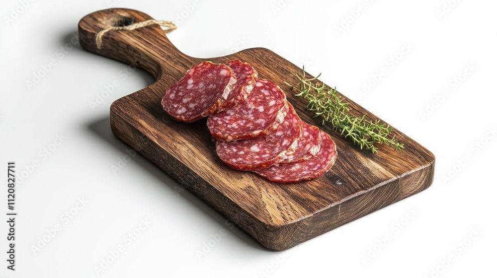 salami on a small, rustic wooden board, white background salami on a small, rustic wooden board, white background