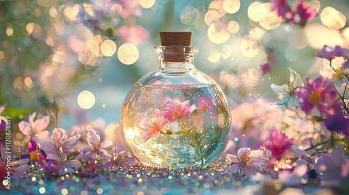 staged set for a fairy theme Birthday. A round glass bottle with a round bottom and a top with a cork, filled with clear water and decorated around  photo