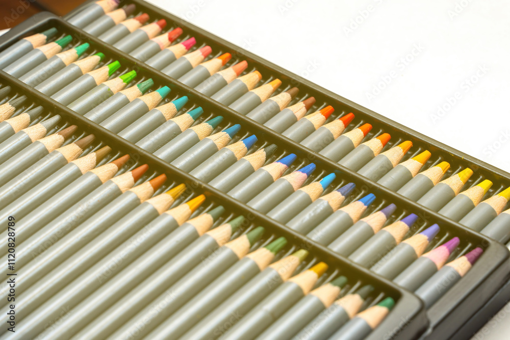 vibrant array of colored pencils rests diagonally, showcasing a spectrum of hues. The arrangement suggests creativity and artistic potential, inviting exploration and imagination