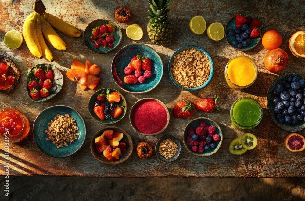 A colorful array of fresh fruits, granola, and smoothies arranged on an old wooden table for breakfast or lunchtime A colorful array of fresh fruits, granola, and smoothies arranged on an old wooden table for breakfast or lunchtime