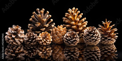 Collection of pine cones on black background, isolated on a background, pine cones, collection, black background