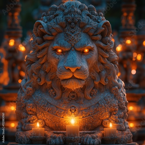 Lion-Headed Deity Statue | Candlelight | Intricate Textures | 3D Rendering | Warm Colors | Cultural Symbol photo