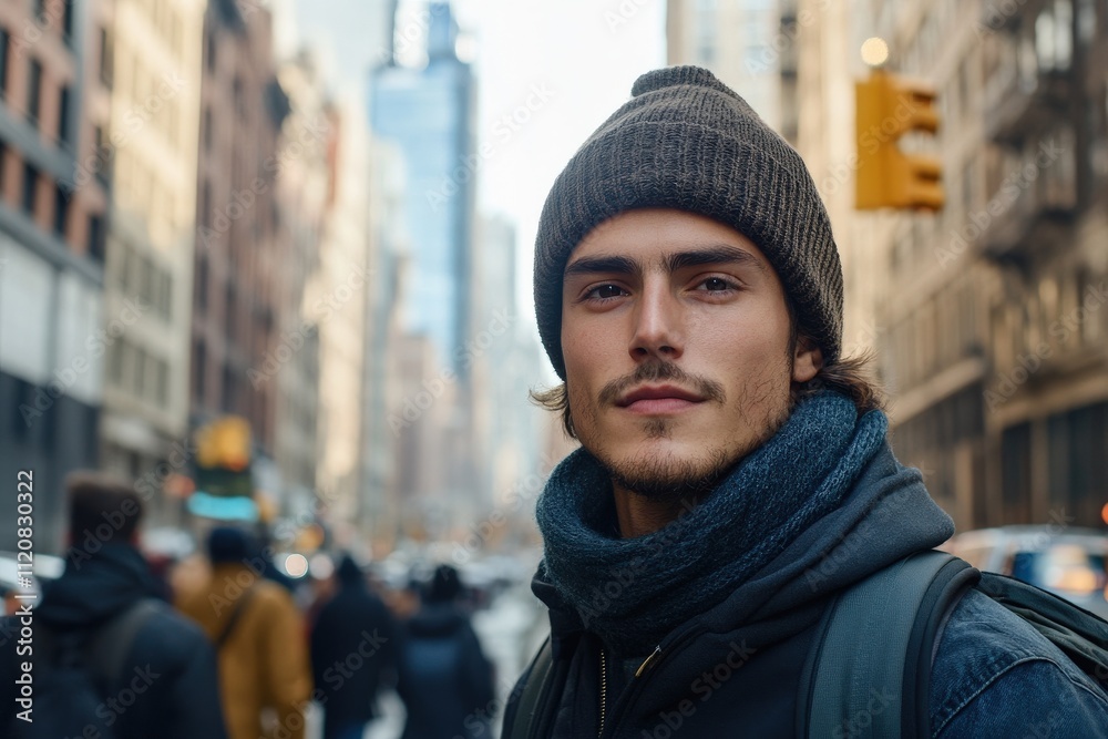 Young Man in Winter Attire Strolling Through a Busy City Street Young Man in Winter Attire Strolling Through a Busy City Street