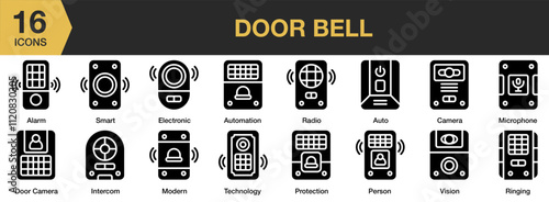 Door Bell solid icon set. Includes Bell, Camera, Door, House, Internet, Smart, Things, and More. Solid icons vector collection.