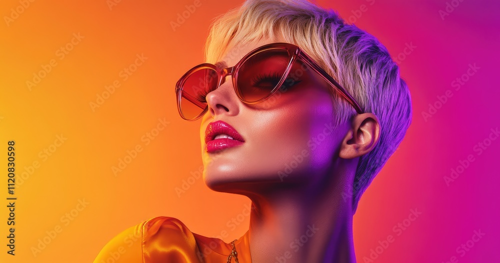 A beautiful woman with short blonde hair, wearing neon orange sunglasses and pink lipstick on her lips, against a multicolored gradient background. A beautiful woman with short blonde hair, wearing neon orange sunglasses and pink lipstick on her lips, against a multicolored gradient background.
