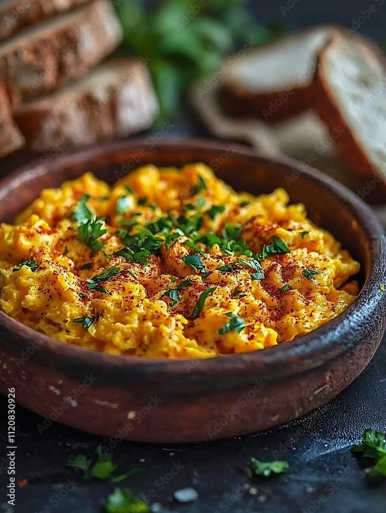Close-up of a rustic bowl of vibrant yellow scrambled eggs, garnished with fresh parsley and paprika, served alongside slices of crusty bread. Close-up of a rustic bowl of vibrant yellow scrambled eggs, garnished with fresh parsley and paprika, served alongside slices of crusty bread.
