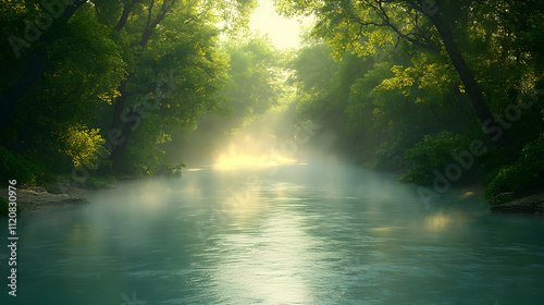 Misty morning sunlight on a tranquil river flowing through a lush green forest.