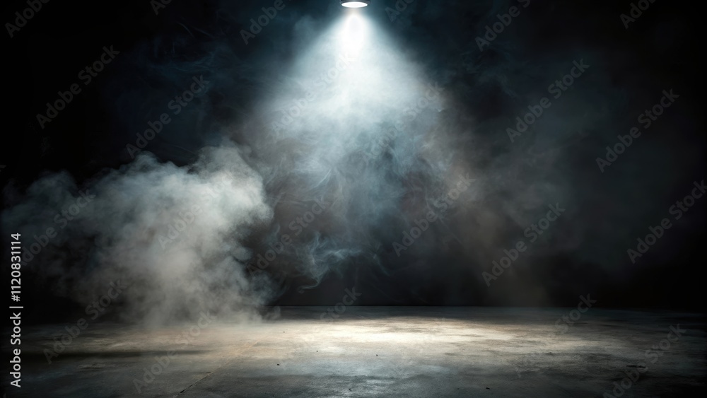 Dark moody background with smoke billowing on concrete floor illuminated by a spotlight, dark, moody, background, smoke Dark moody background with smoke billowing on concrete floor illuminated by a spotlight, dark, moody, background, smoke