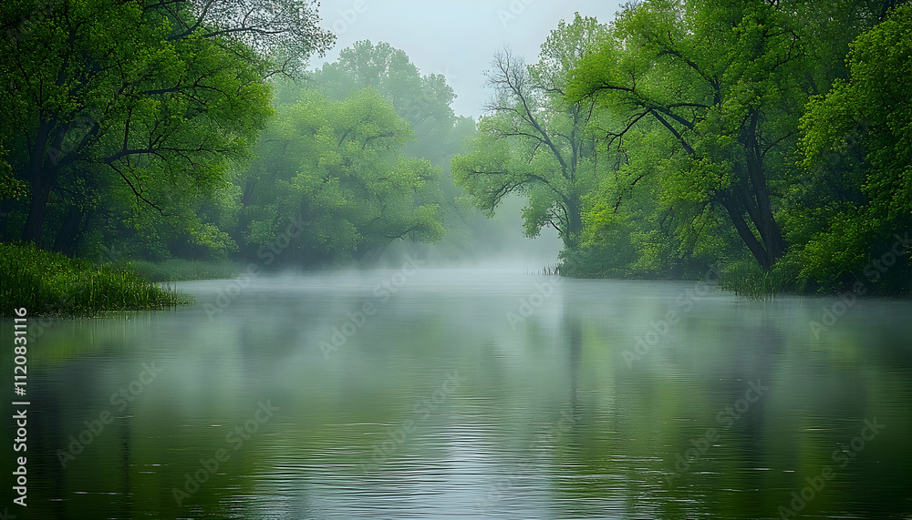 Misty river scene with lush green trees reflected in calm water.