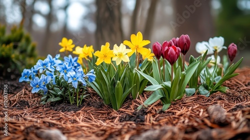 Colorful Spring Flowers in a Garden Bed