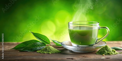 Refreshing green tea beverage with fresh leaves and powder on green background, green tea, beverage, fresh, leaves, powder