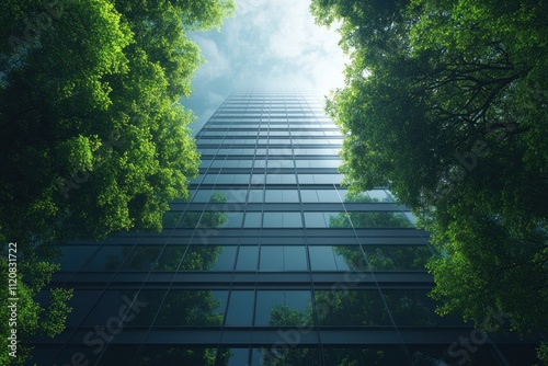 Sustainable Green Architecture in Modern City Office Building with Trees for Carbon Reduction and Eco-friendly Design photo