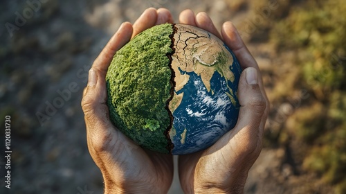 Human hands hold Earth, one half lush green, the other cracked and dry, a striking visual of ecological health vs. destruction. photo