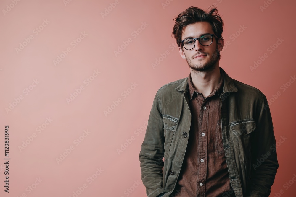Stylish Young Man Posing Against a Soft Pink Background in Casual Attire Stylish Young Man Posing Against a Soft Pink Background in Casual Attire