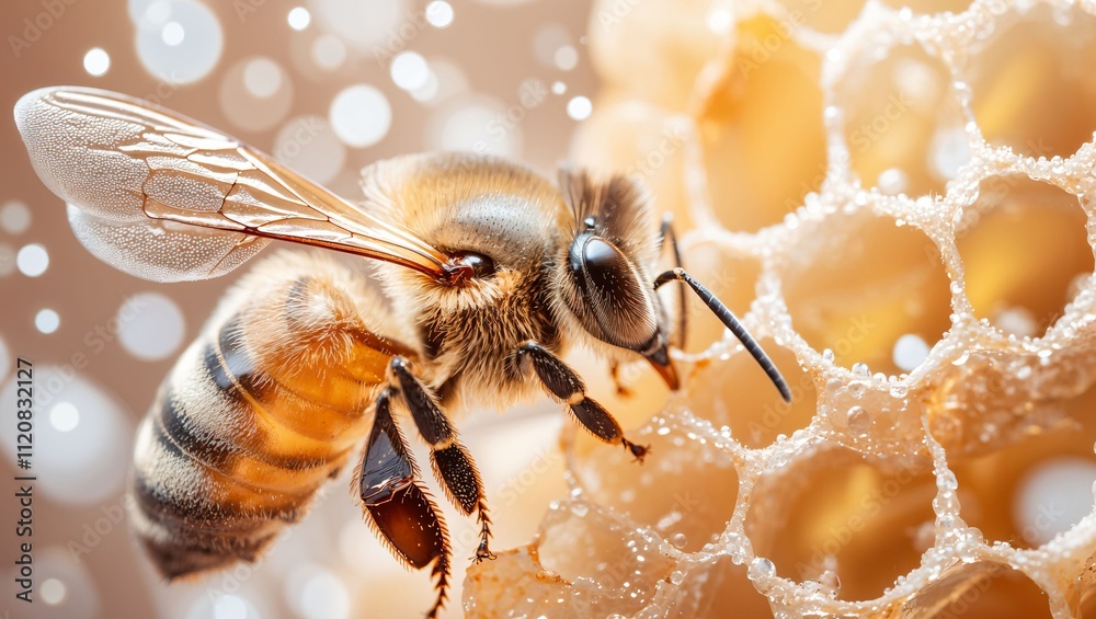 A stunning close-up of a honeybee interacting with its honeycomb, showcasing intricate details like dew drops and the soft texture, creating a serene and enchanting atmosphere.