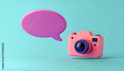 Colorful camera with a speech bubble on a teal background.