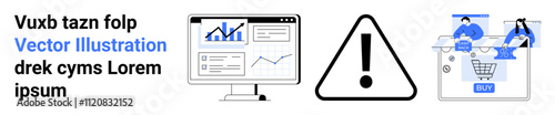 Computer screen with business charts, warning sign, and online purchasing process. Ideal for data analysis, risk management, online shopping, digital marketing, user interface design, business