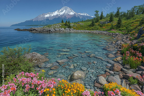 Serene coastal cove with clear turquoise water, rocky shore, wildflowers, and majestic snow-capped mountain in the background under a sunny sky.