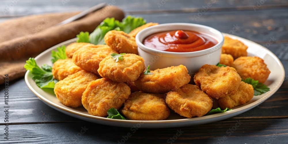 Delicious and crispy chicken nuggets with a side of dipping sauce , fried, crispy, fast food, snack, meal Delicious and crispy chicken nuggets with a side of dipping sauce , fried, crispy, fast food, snack, meal