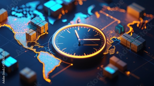 drop shipping store clock Concept. Glowing clock overlaying a detailed world map with shipping containers, symbolizing global logistics and time managem