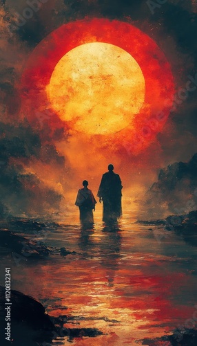 Watercolor illustration of guru blessing disciple on Guru Purnima in sunset hues