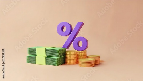 Colorful money stacks with a percentage symbol on a light background.