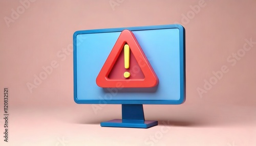 3D computer monitor with an alert symbol in vibrant colors.