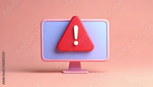 Computer monitor with warning sign on a pink background.