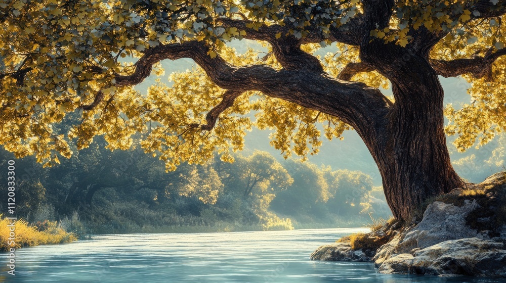 Fototapeta premium Majestic River Tree: A Serene Landscape
