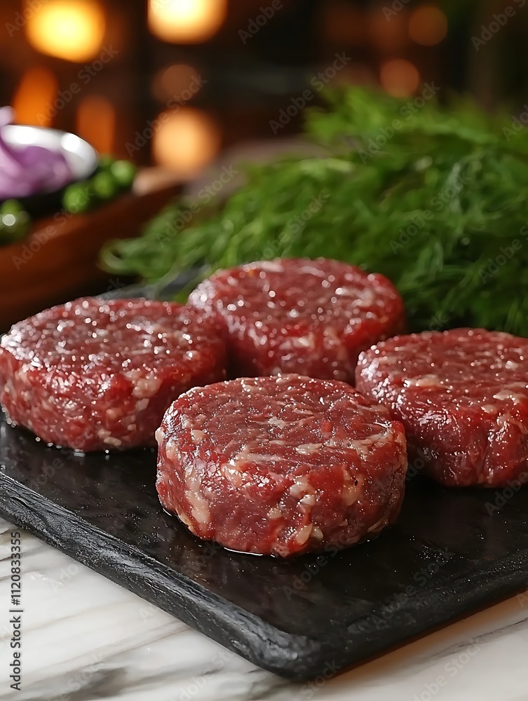 Four Raw Beef Patties Ready for Grilling on a Dark Stone Slab. Four Raw Beef Patties Ready for Grilling on a Dark Stone Slab.