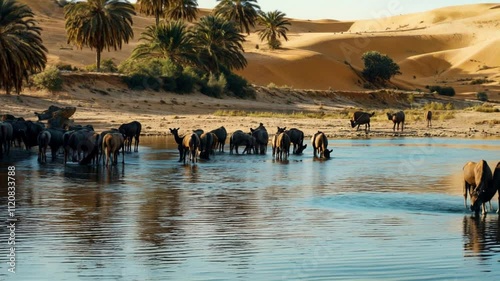 landscape with trees and water, animals in Safari