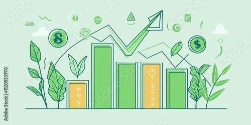 A graph displaying sustainable finance growth with green bars and eco-friendly icons, such as plants and renewable energy symbols.