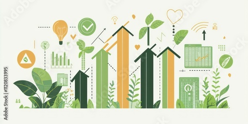 A graph displaying sustainable finance growth with green bars and eco-friendly icons, such as plants and renewable energy symbols.