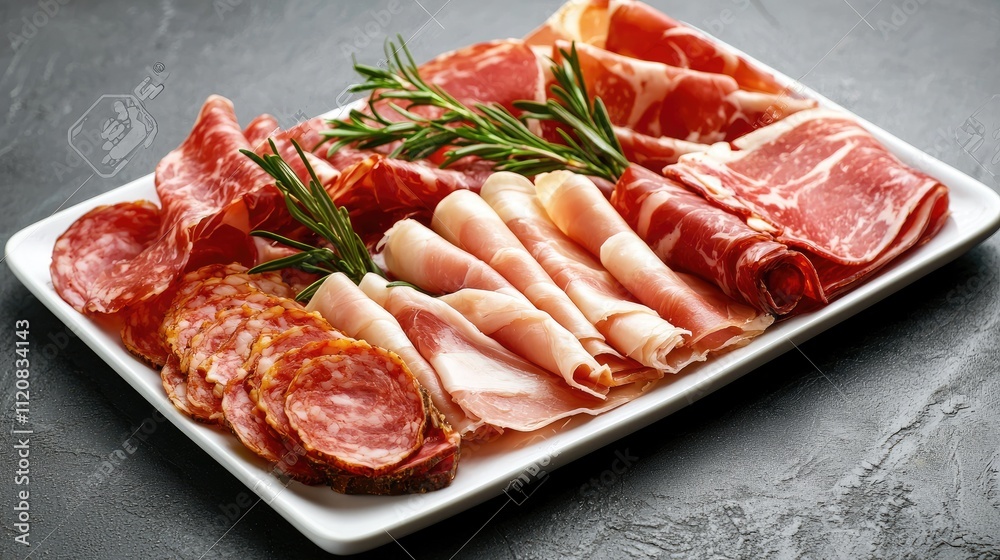white rectangle plate of meat, jamon and italian snacks elegante served white rectangle plate of meat, jamon and italian snacks elegante served
